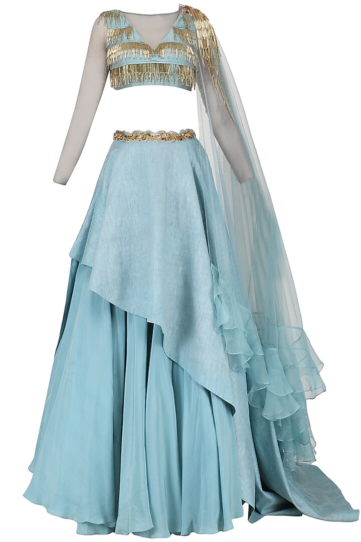 Ice blue tassel embellished lehenga set available only at Pernia's Pop Up Shop.