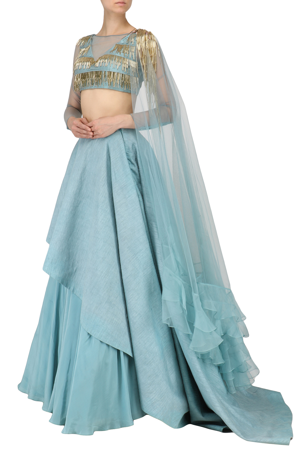 Ice Blue Tassel Embellished Lehenga Set by Nitika Kanodia Gupta