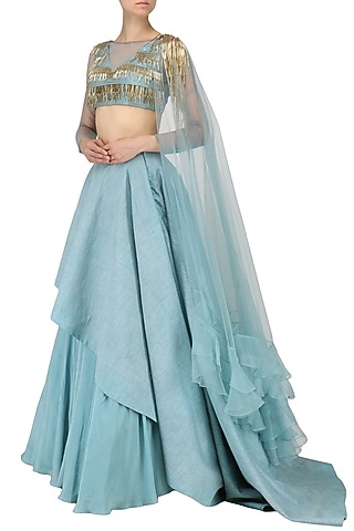 Ice Blue Tassel Embellished Lehenga Set by Nitika Kanodia Gupta