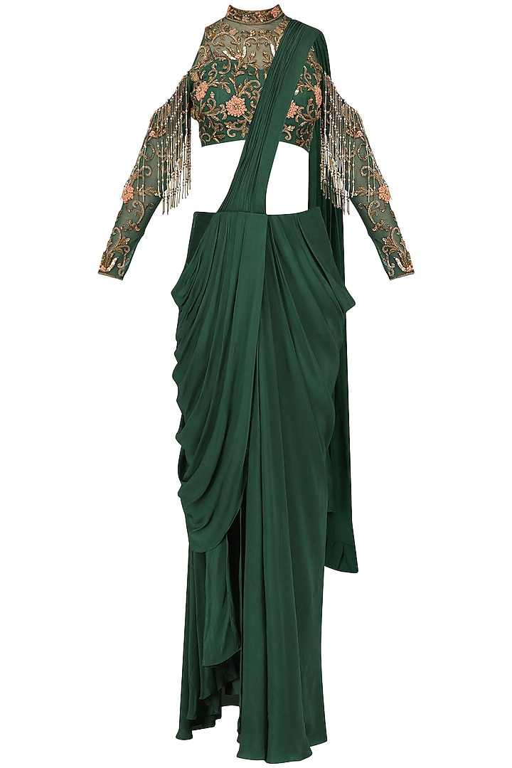Bottle green drape saree with embroidered blouse available only at Pernia's Pop Up Shop.
