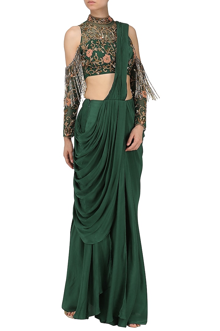 Bottle green drape saree with embroidered blouse available only at ...