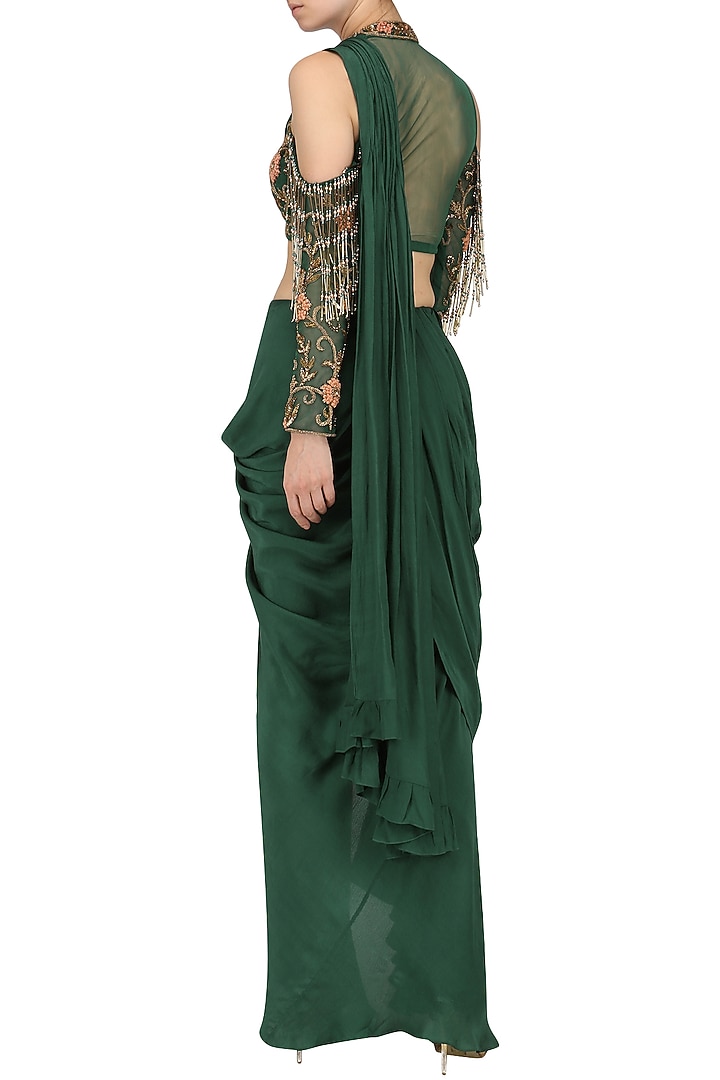 Bottle green drape saree with embroidered blouse available only at Pernia's Pop Up Shop.