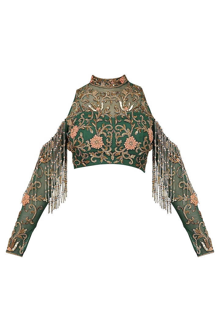 Bottle green drape saree with embroidered blouse available only at Pernia's Pop Up Shop.