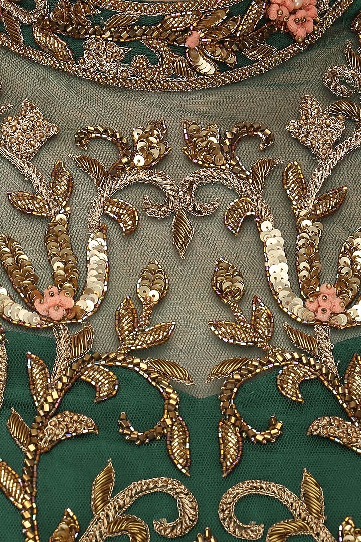 Bottle green drape saree with embroidered blouse available only at Pernia's Pop Up Shop.