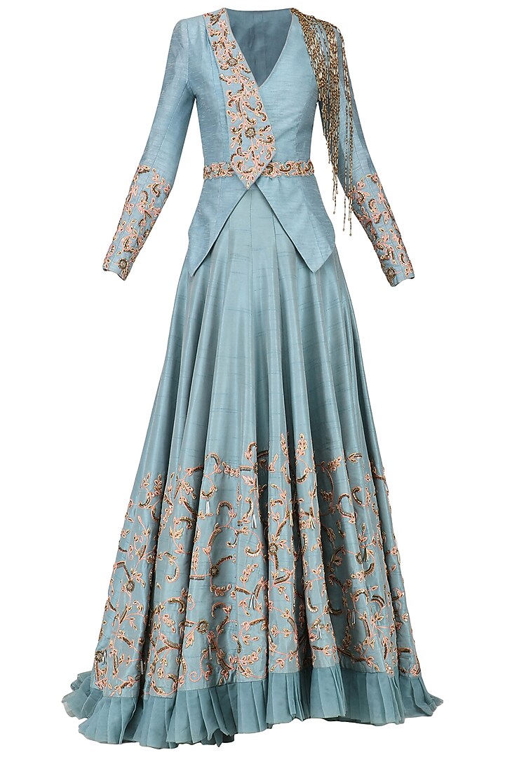 Ice blue embroidered jacket with lehenga available only at Pernia's Pop Up Shop.