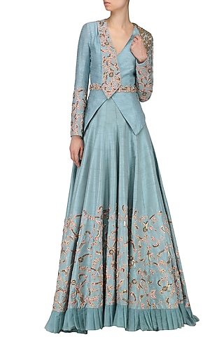 Ice Blue Embroidered Jacket with Lehenga by Nitika Kanodia Gupta