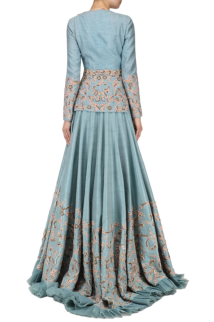 Ice blue embroidered jacket with lehenga available only at Pernia's Pop Up Shop.