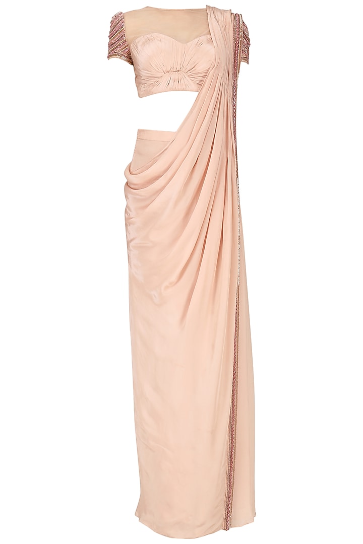 Rose pink drape saree with embroidered blouse available only at Pernia's Pop Up Shop.