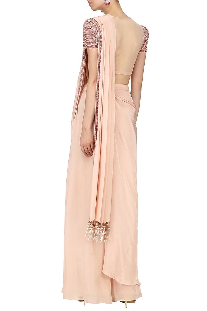 Rose pink drape saree with embroidered blouse available only at Pernia's Pop Up Shop.