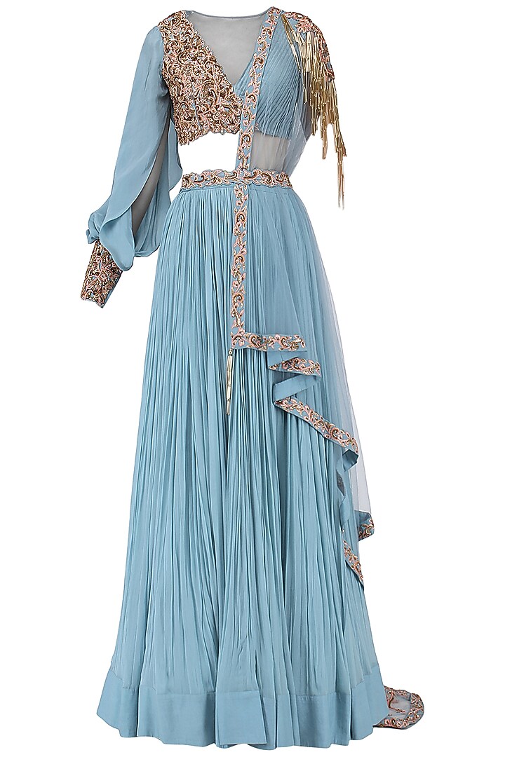 Ice blue emebllished lehenga set available only at Pernia's Pop Up Shop.