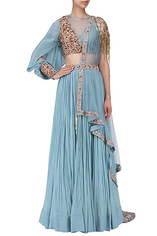Ice Blue Emebllished Lehenga Set by Nitika Kanodia Gupta