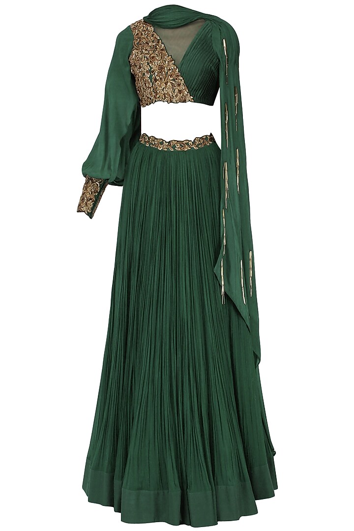 Bottle green embroidered lehenga set available only at Pernia's Pop Up Shop.