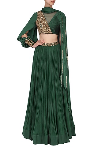 Bottle Green Embroidered Lehenga Set by Nitika Kanodia Gupta