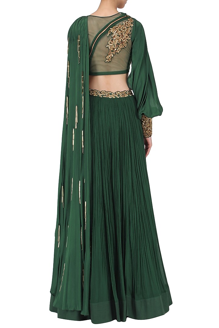 Bottle green embroidered lehenga set available only at Pernia's Pop Up Shop.