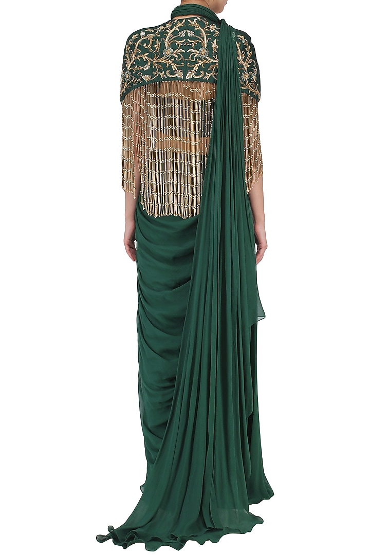 Bottle green drape saree with embroidered cape available only at Pernia's Pop Up Shop.