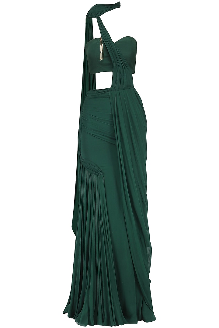 Bottle green drape saree with embroidered cape available only at Pernia's Pop Up Shop.