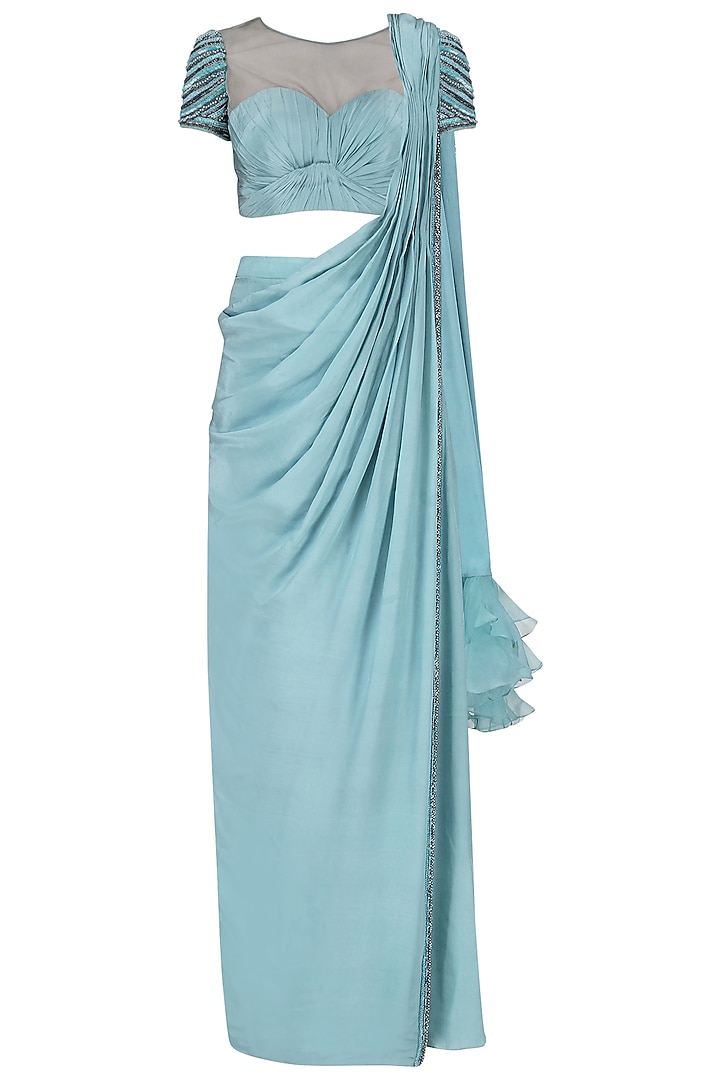 Ice blue drape saree with embroidered blouse available only at Pernia's Pop Up Shop.