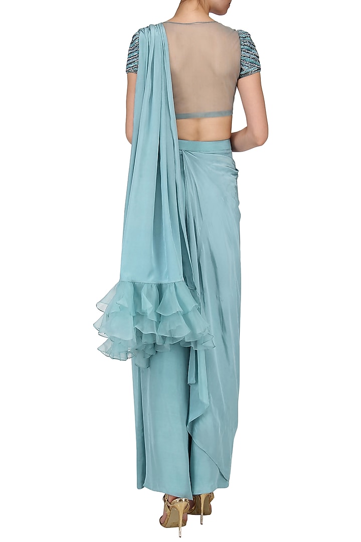 Ice blue drape saree with embroidered blouse available only at Pernia's Pop Up Shop.