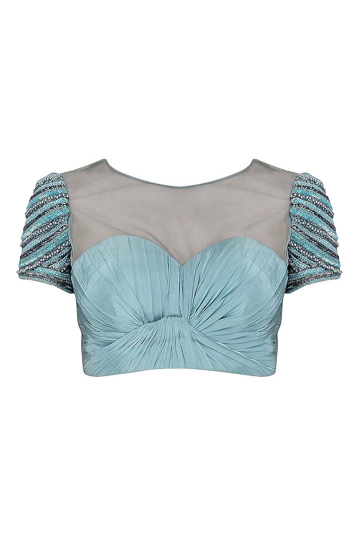 Ice blue drape saree with embroidered blouse available only at Pernia's Pop Up Shop.