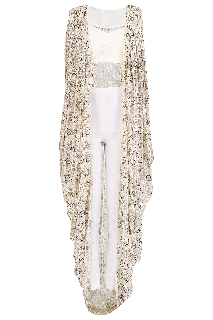 Ivory Embellished Cape, Trouser Pants and Strapy Bustier Set by Nitika Kanodia Gupta
