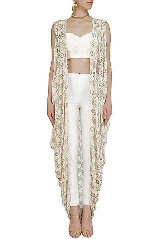 Ivory Embellished Cape, Trouser Pants and Strapy Bustier Set by Nitika Kanodia Gupta