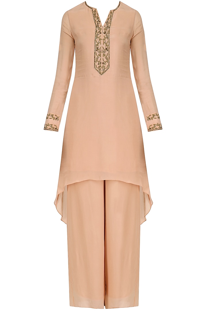 Peach Hand Embroidered Asymmetic Palazzo Suit Set by Nitika Kanodia Gupta