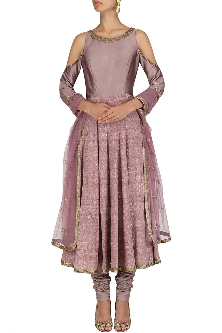 Lilac hand embroidred chikankari anarkali suit available only at Pernia's Pop Up Shop.