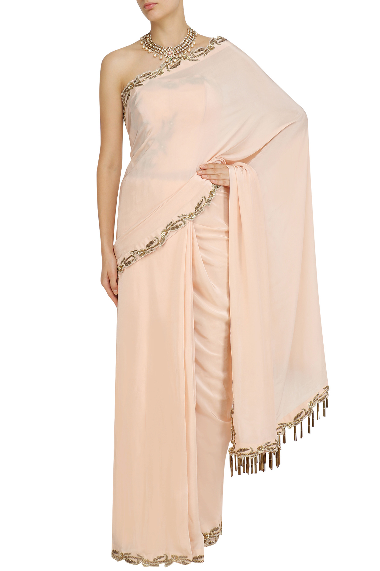 Peach embroidered saree and corset set available only at Pernia's Pop Up Shop.