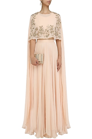 Peach Long Sleeves Cape and Lehenga Skirt Set by Nitika Kanodia Gupta