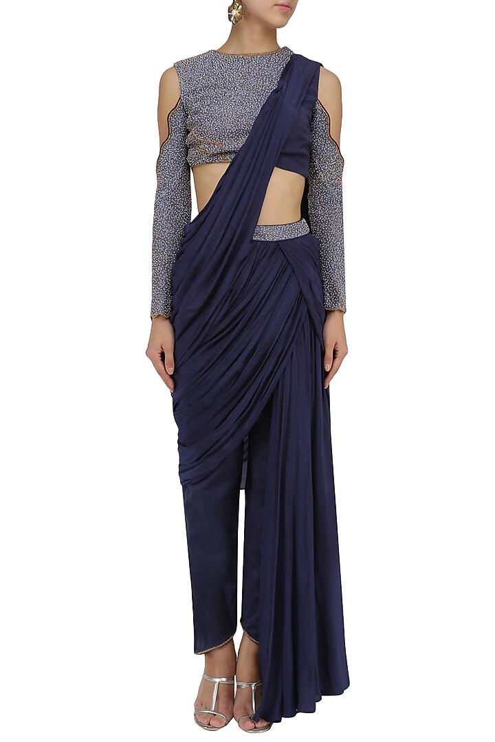 Midnight blue drape saree with blouse available only at Pernia's Pop Up Shop.