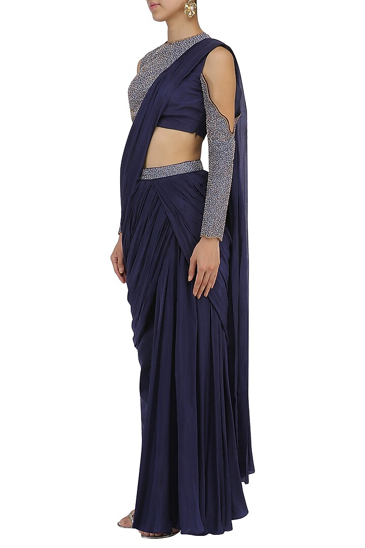 Midnight blue drape saree with blouse available only at Pernia's Pop Up Shop.