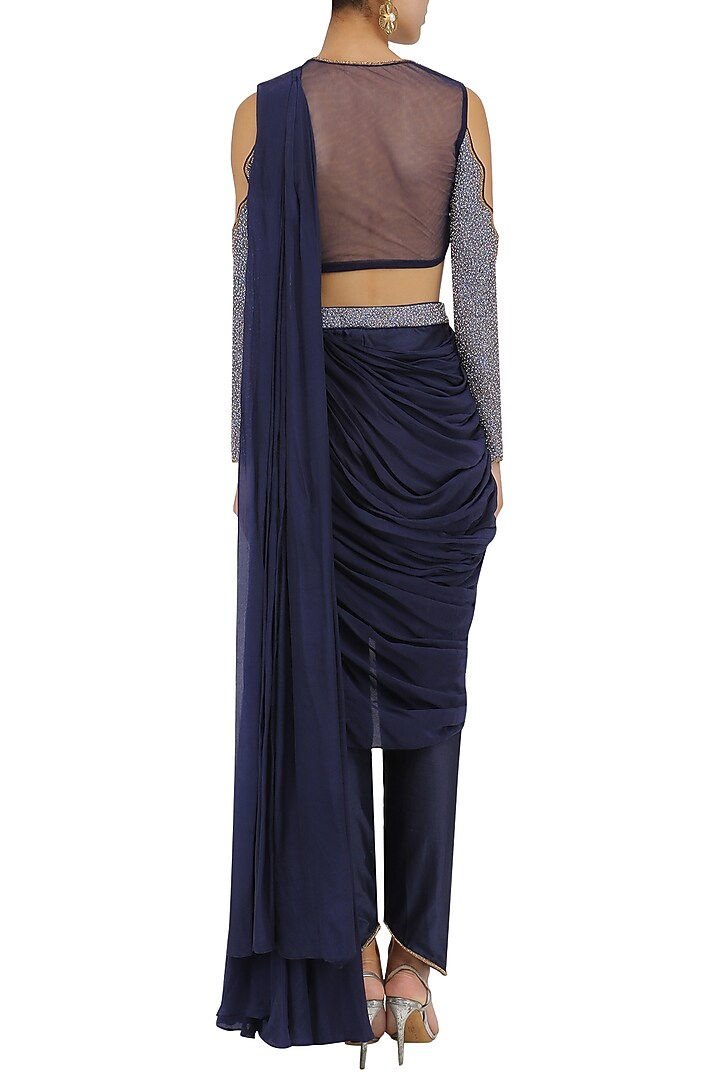 Midnight blue drape saree with blouse available only at Pernia's Pop Up Shop.