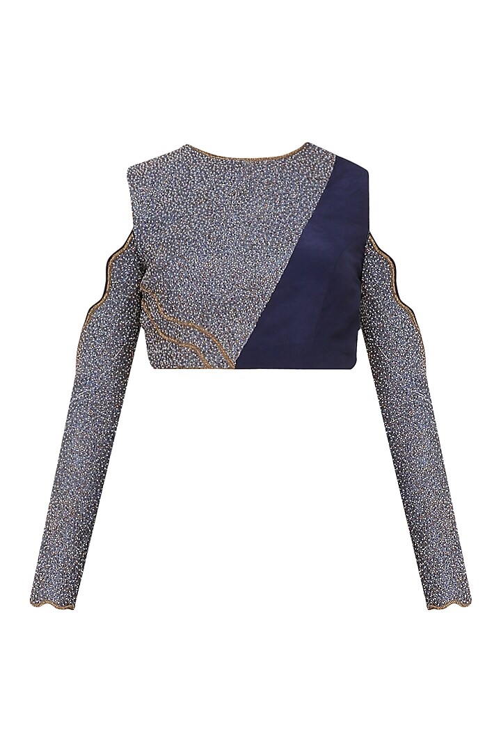 Midnight blue drape saree with blouse available only at Pernia's Pop Up Shop.