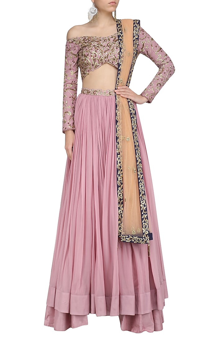 Lilac floral embroidered lehenga set available only at Pernia's Pop Up Shop.