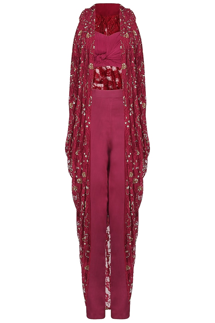 Red Wine Embroidered Cape with Trouser Pants And Bustier Set by Nitika Kanodia Gupta