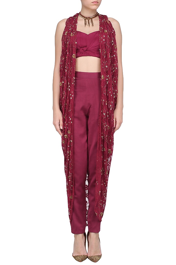 Red Wine embroidered cape with trouser pants and bustier set available only at Pernia's Pop Up Shop.