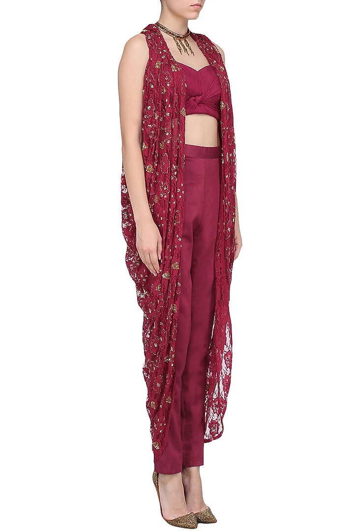 Red Wine embroidered cape with trouser pants and bustier set available only at Pernia's Pop Up Shop.