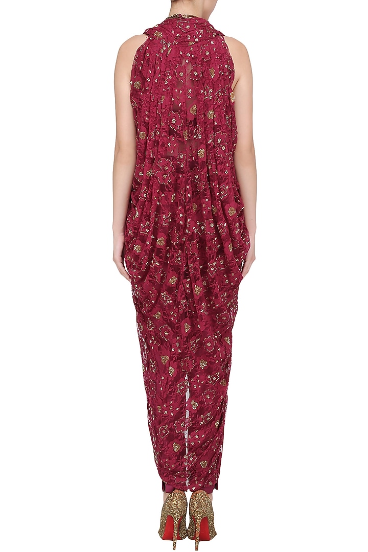 Red Wine embroidered cape with trouser pants and bustier set available only at Pernia's Pop Up Shop.