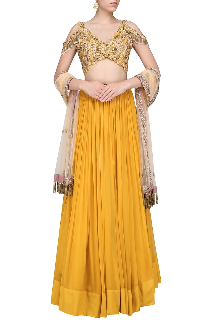 Mustard floral embroidered lehenga set available only at Pernia's Pop Up Shop.