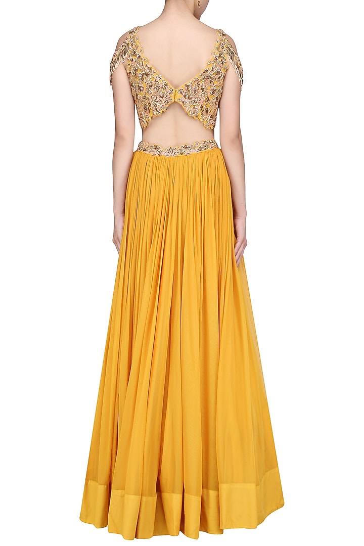 Mustard floral embroidered lehenga set available only at Pernia's Pop Up Shop.