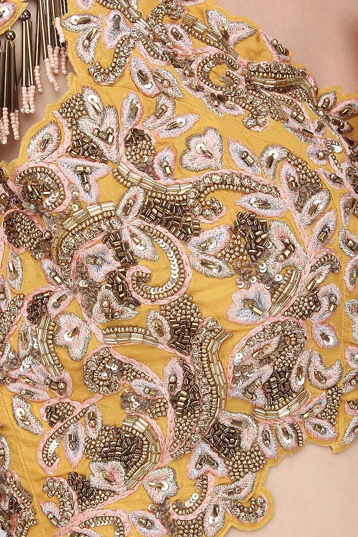 Mustard floral embroidered lehenga set available only at Pernia's Pop Up Shop.