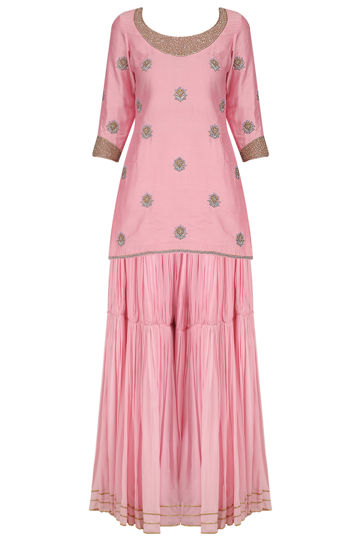 Pink embroidered short kurta and pleated sharara set available only at Pernia's Pop Up Shop.