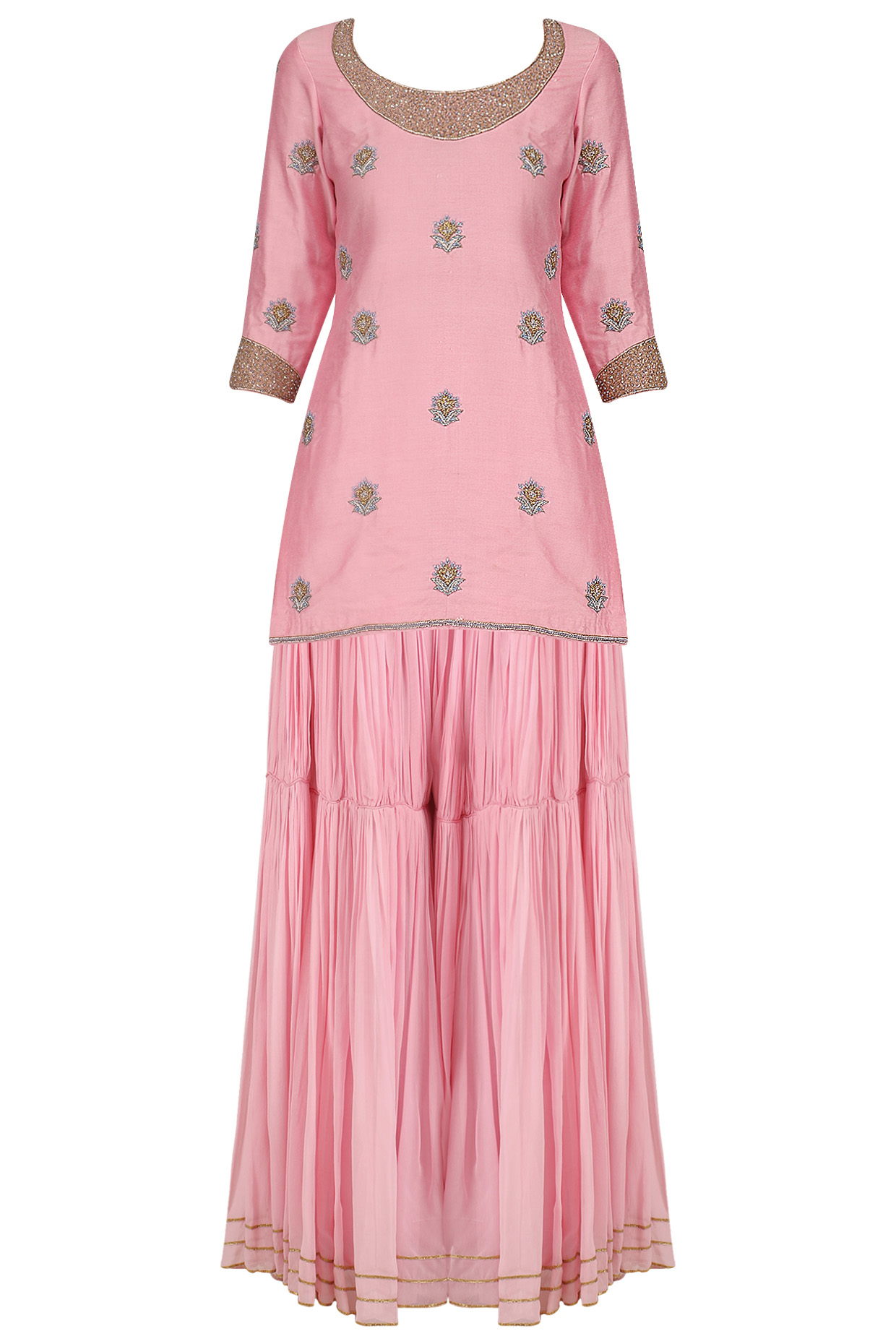 Pink Embroidered Short Kurta and Pleated Sharara Set by Nitika Kanodia Gupta