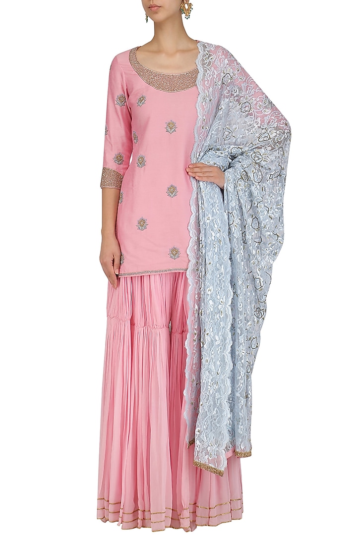 Pink embroidered short kurta and pleated sharara set available only at Pernia's Pop Up Shop.