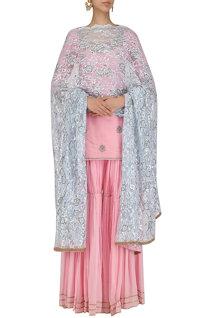 Pink embroidered short kurta and pleated sharara set available only at Pernia's Pop Up Shop.