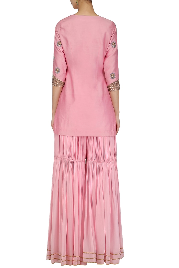 Pink embroidered short kurta and pleated sharara set available only at Pernia's Pop Up Shop.