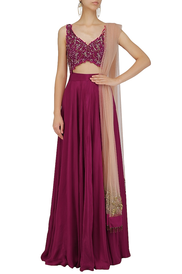 Red wine resham dabka embroidered anarkali set available only at Pernia's Pop Up Shop.