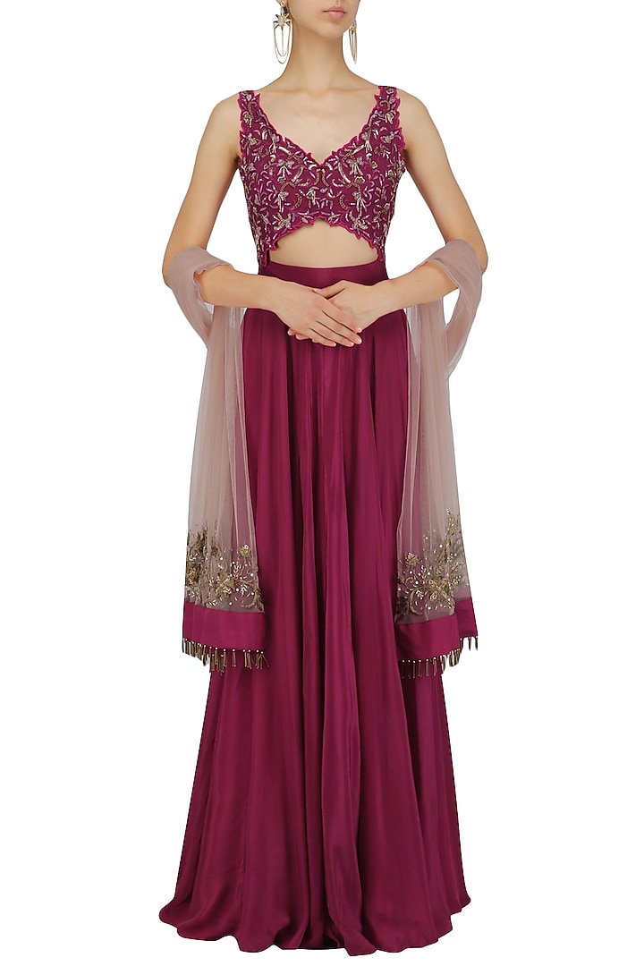 Red wine resham dabka embroidered anarkali set available only at Pernia's Pop Up Shop.