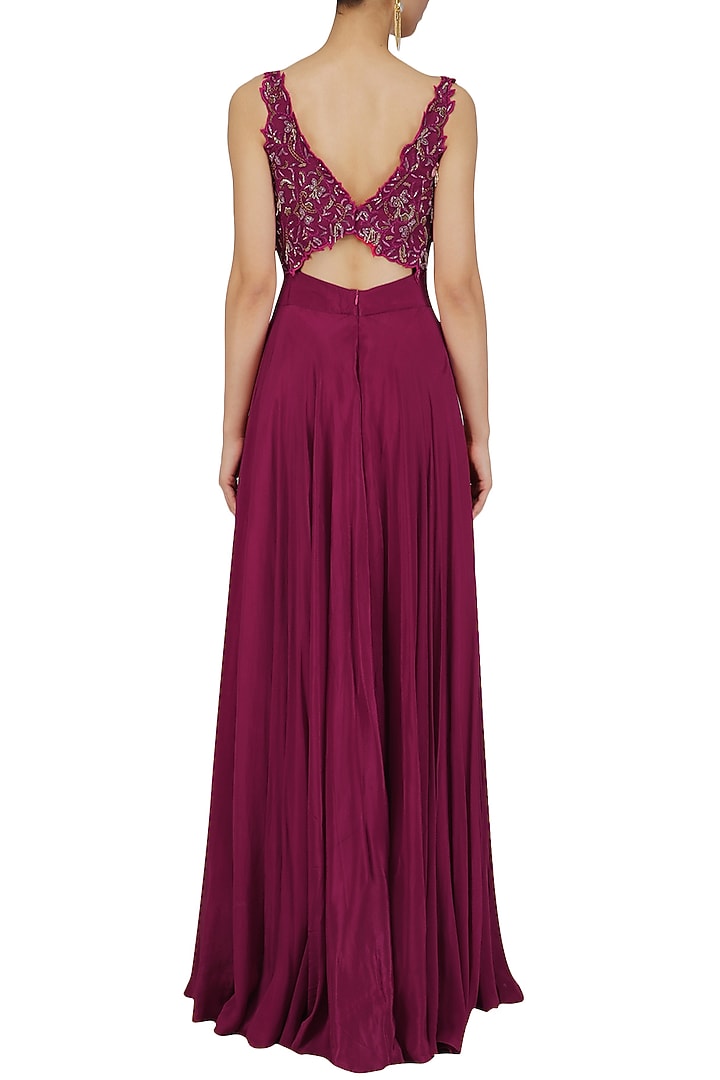 Red wine resham dabka embroidered anarkali set available only at Pernia's Pop Up Shop.