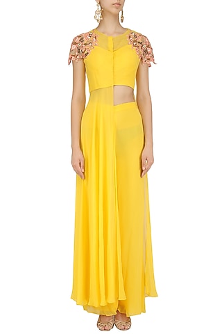 Yellow Embroidered Tunic and Palazzo Set by Nitika Kanodia Gupta